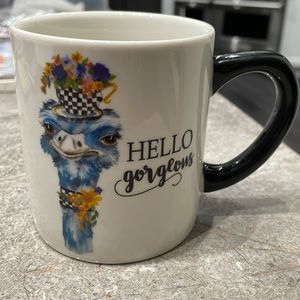 “Hello Gorgeous” ostrich bird lady whimsical coffee mug